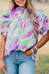Abstract Print Bubble Sleeve Smock Detail Blouse